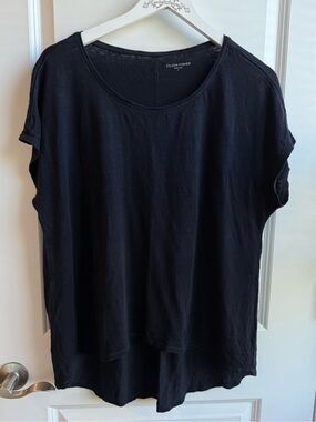 Eileen Fisher Navy Blue 100% Linen Short Sleeve Tee Hi Lo Large Contrast Stitch
